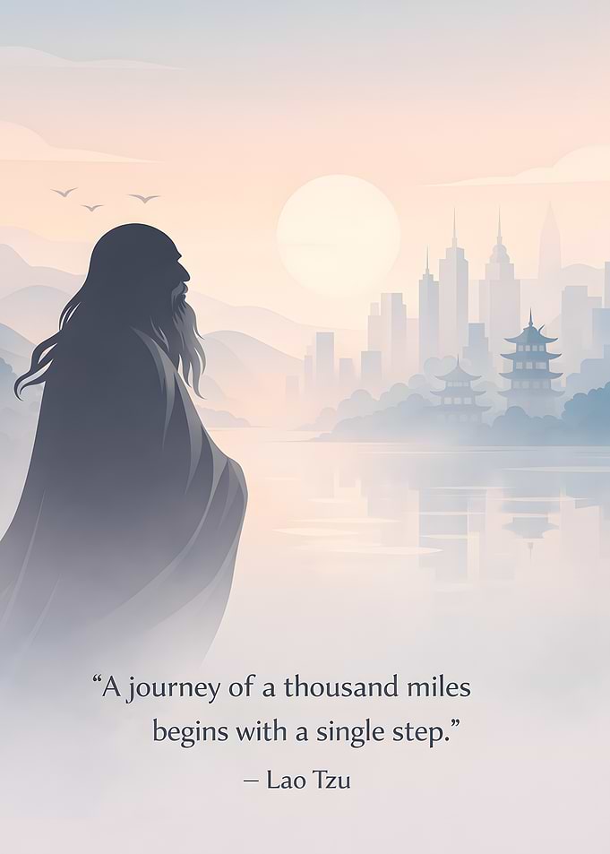 Lao Tzu quote with cityscape
