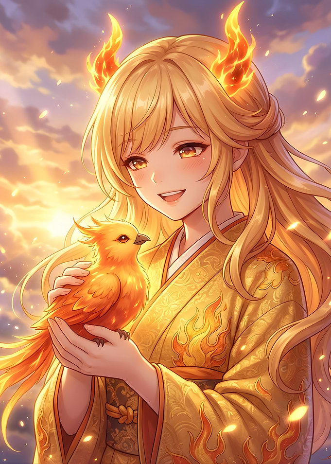 Anime Girl with Fiery Phoenix
