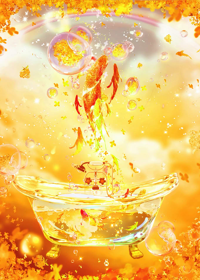 Magical Bathtub with Floating Koi and Flowers