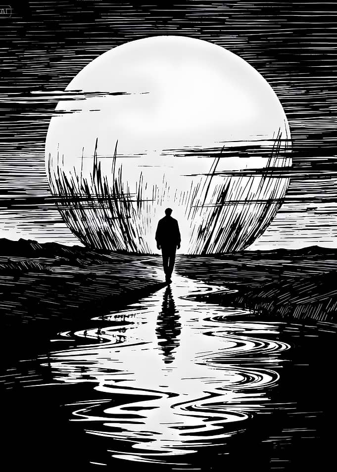 Man walks towards a giant moon