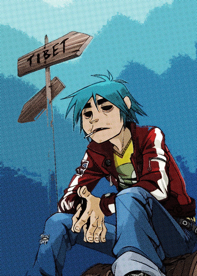 2D from Gorillaz sitting by a Tibet sign