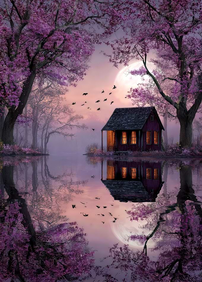 Enchanted Cabin by Moonlit Lake