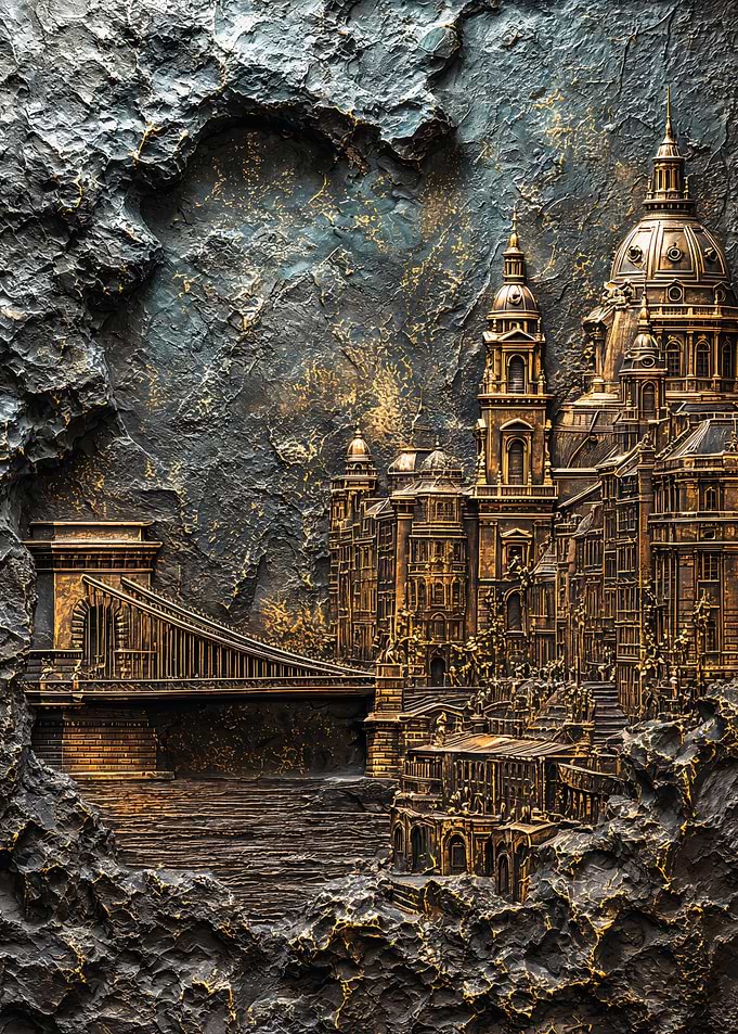 Golden Budapest City Stone Relief