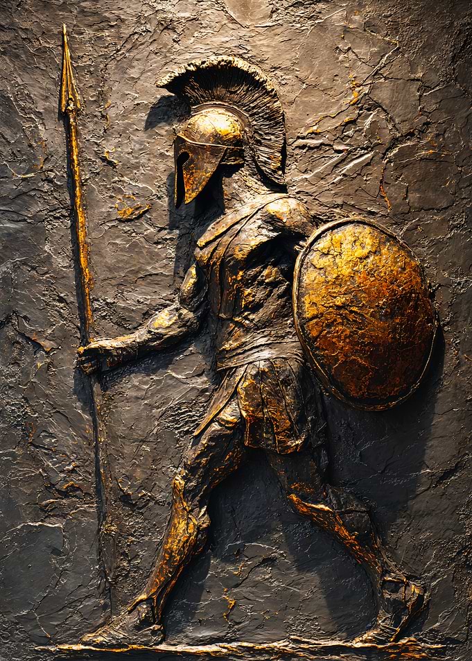 Golden Spartan Warrior Stone Relief