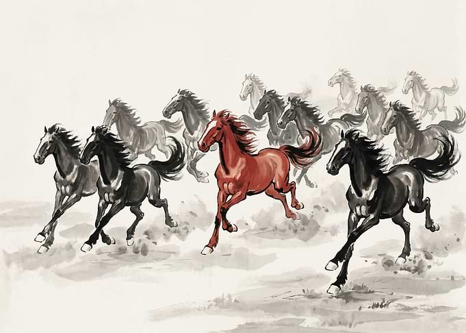 Galloping Horses in Ink Wash Style