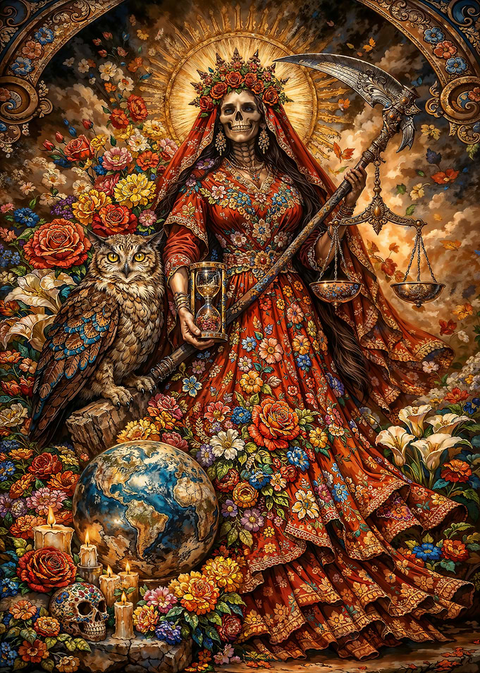 Santa Muerte with Owl and Globe