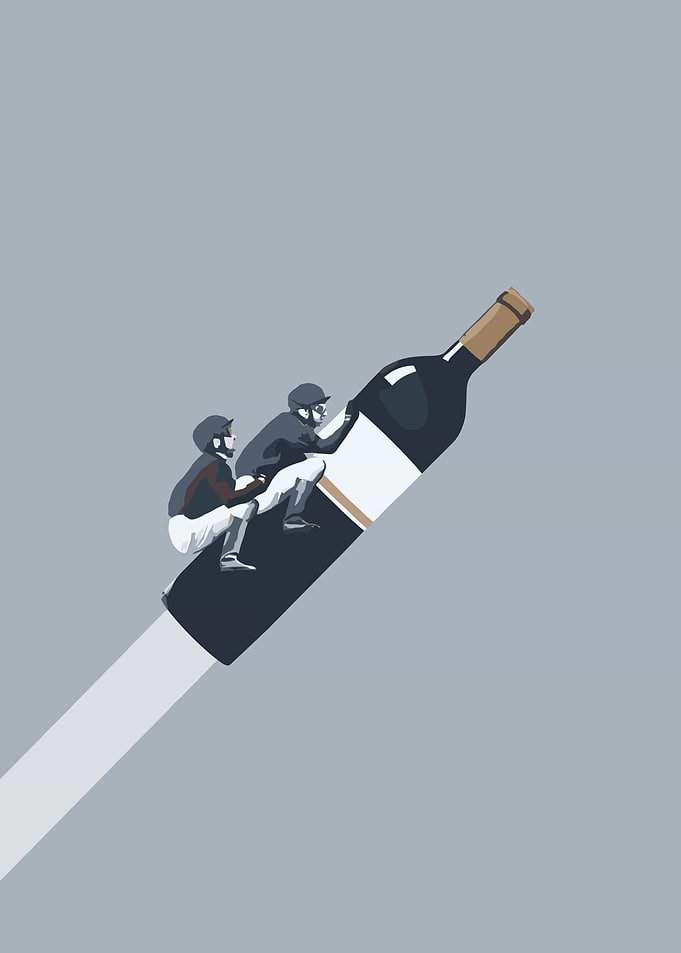 Jockeys riding a wine bottle rocket