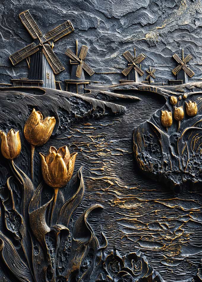 Golden Dutch Windmills Tulips Stone Relief
