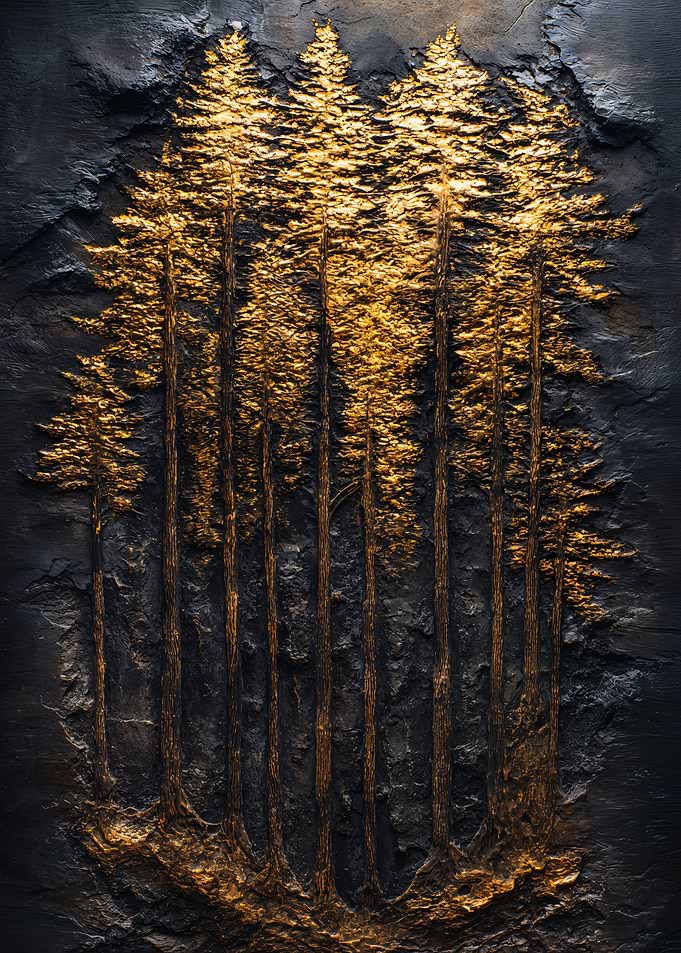 Golden Forest Trees Stone Relief