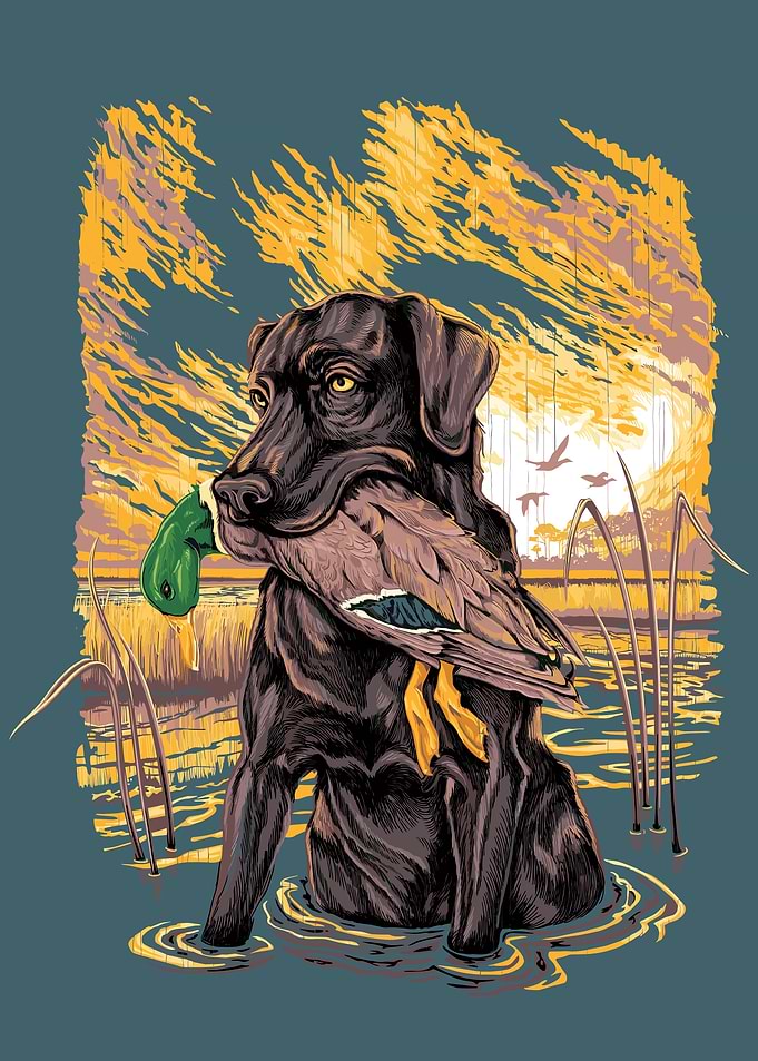 Hunting Dog with Duck in Sunset Marsh Vintage Poster
