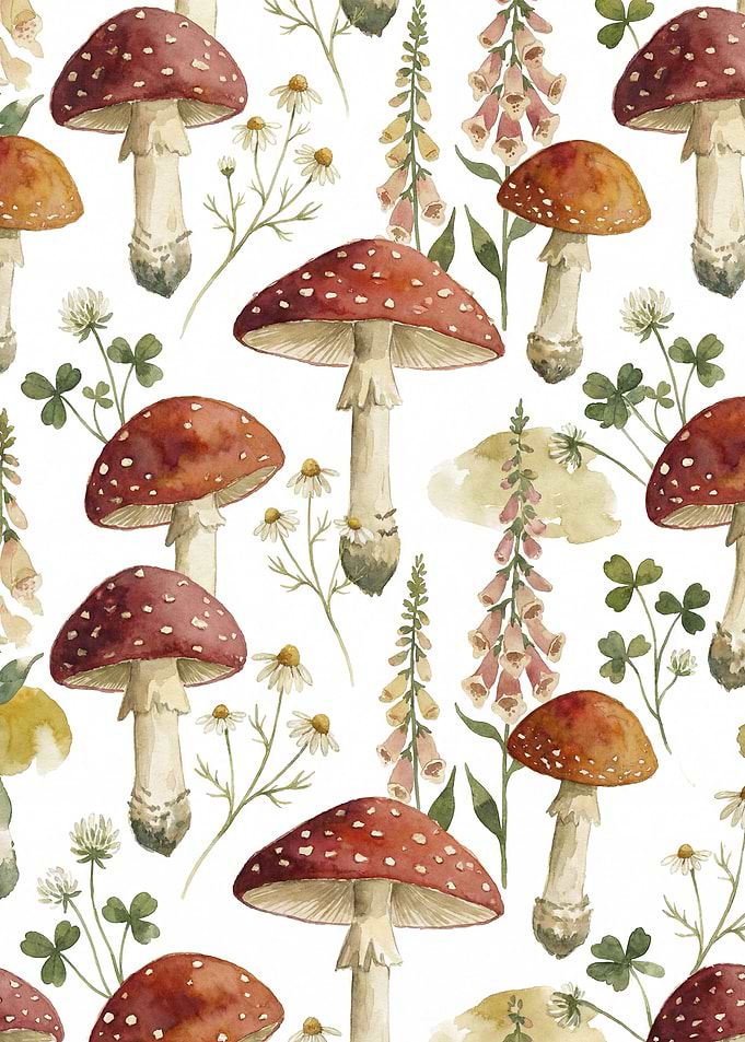 Watercolor Mushroom and Foxglove Pattern