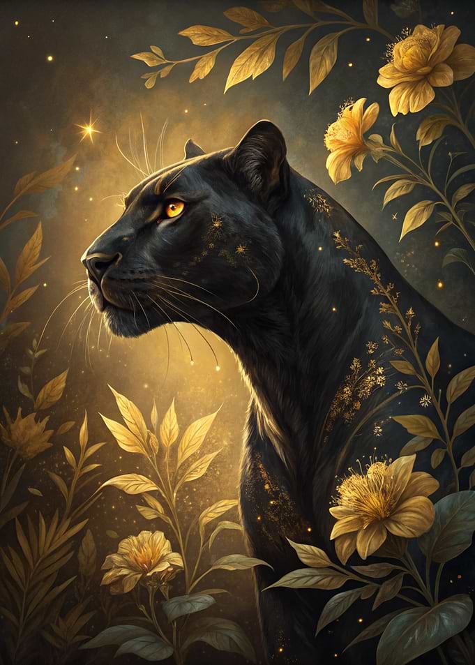 Black Panther with Golden Flowers