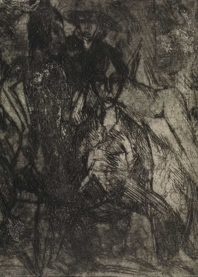 Group of figures in dark etching