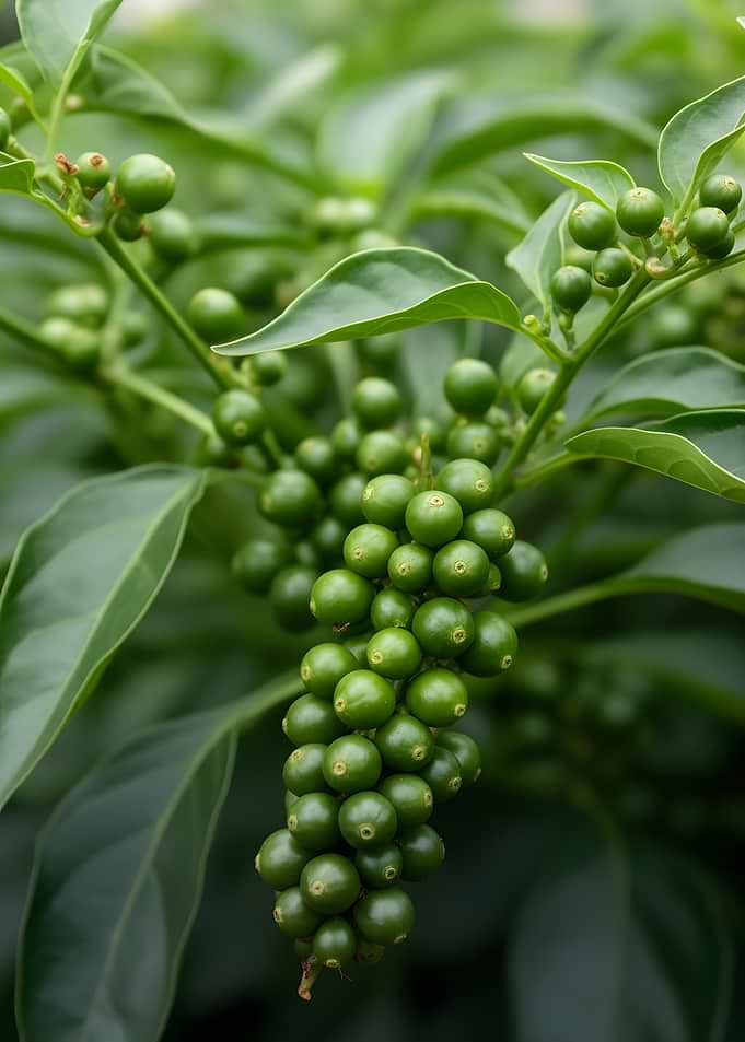 Green Coffee Berries on Branch