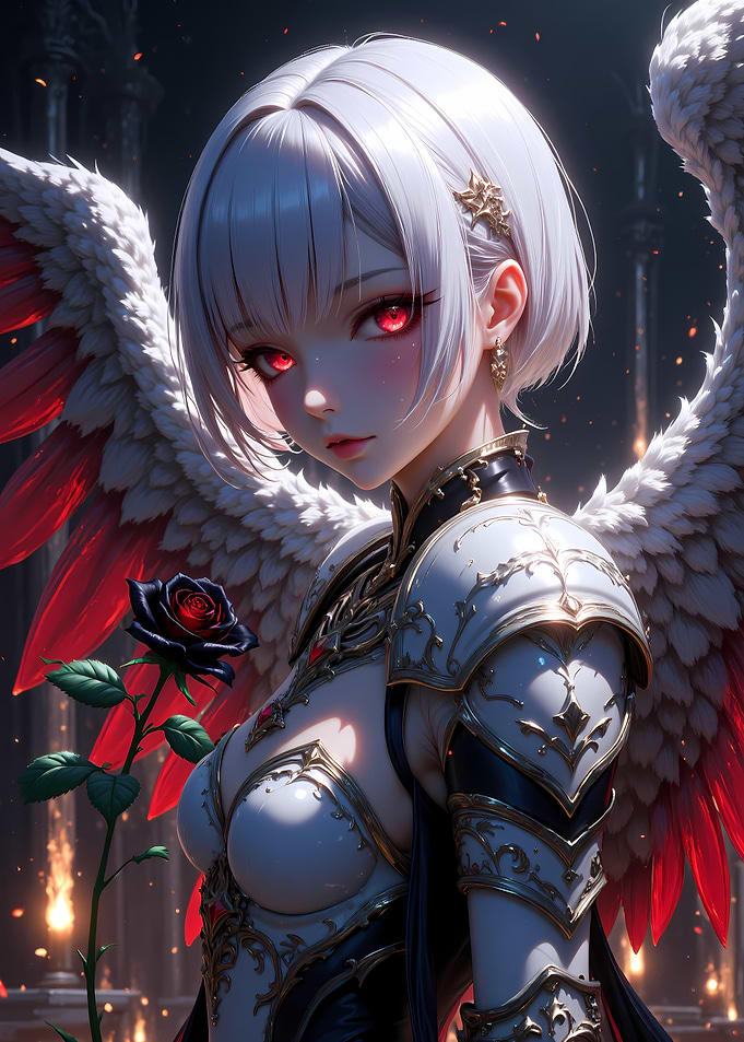 Anime Angel with Red Eyes and Black Rose