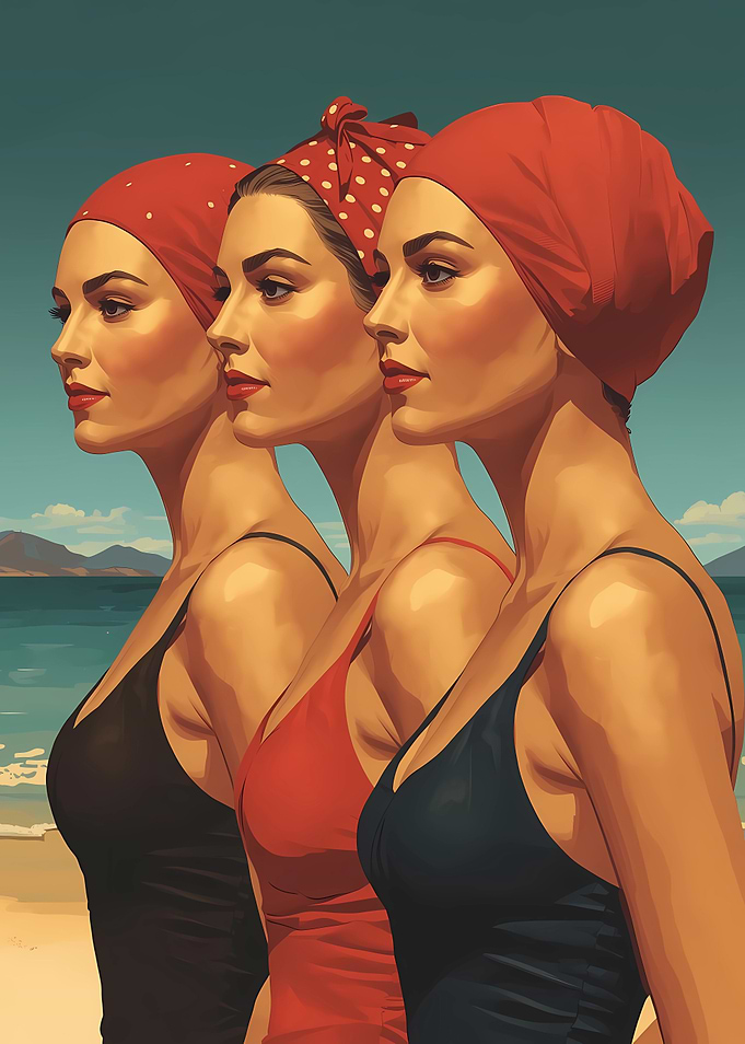 Three women in swimsuits and headscarves