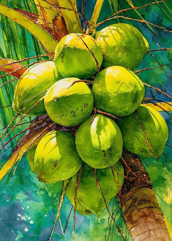 Vibrant Green Coconuts Botanical Watercolor Art