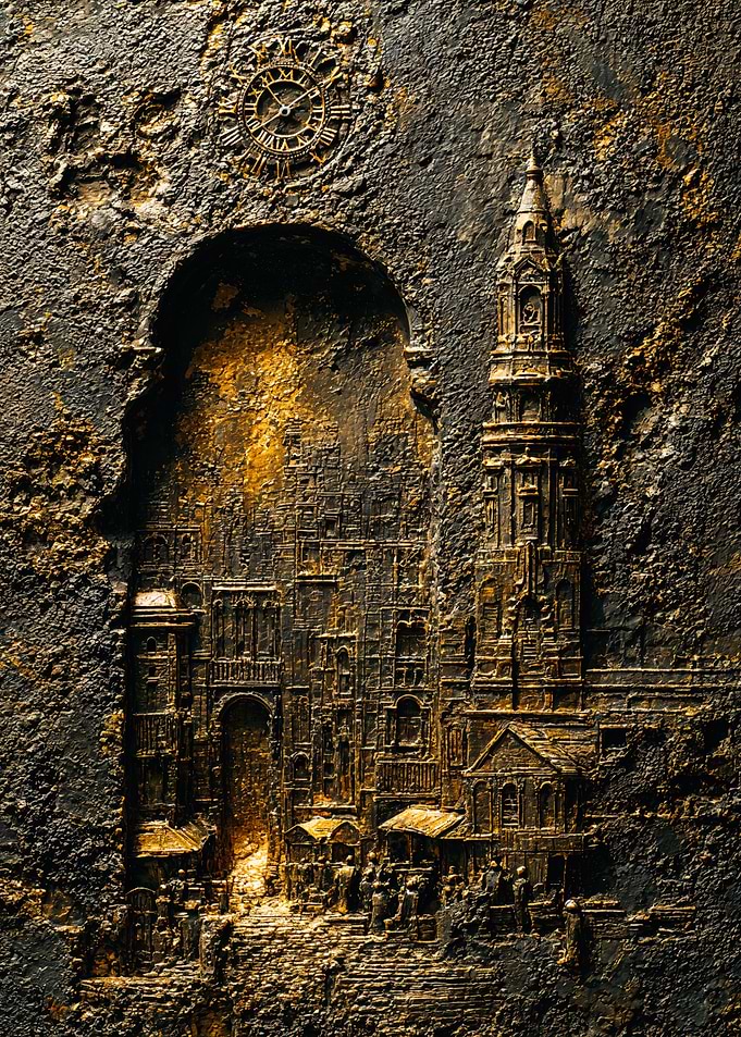 Golden Medieval City Stone Relief