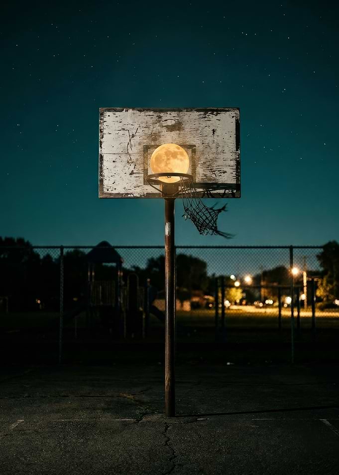 Moon in Basketball Hoop at Night