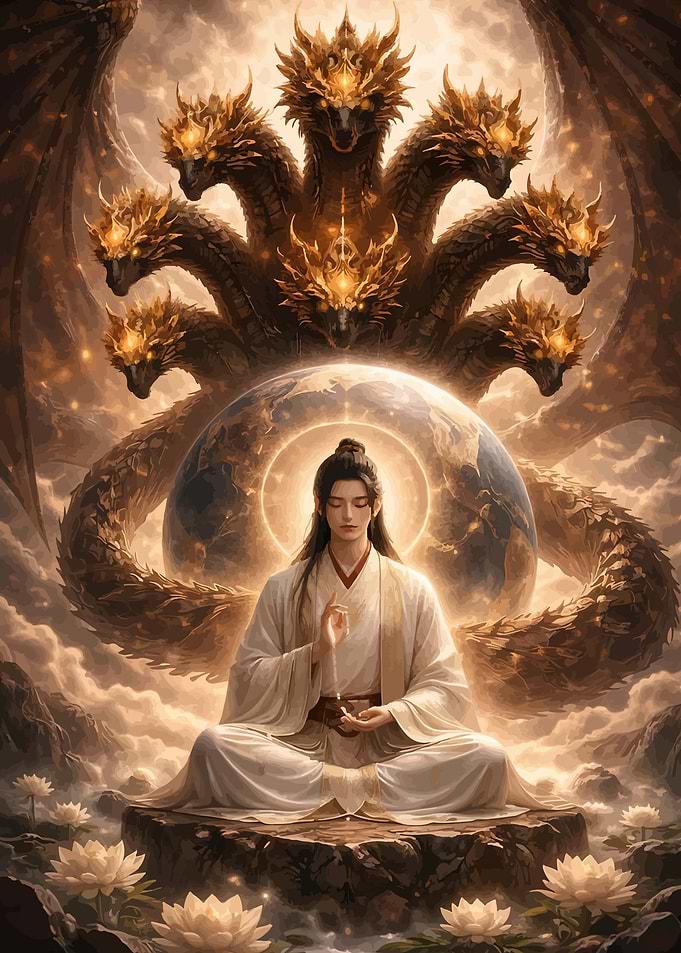 Meditating Man with Dragon and Earth