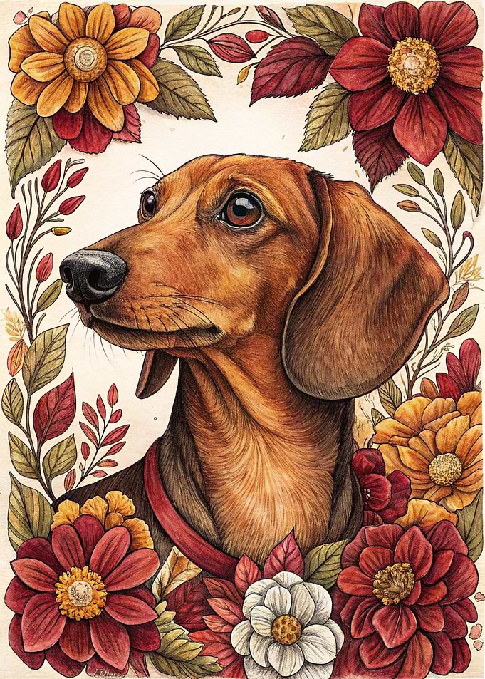 Dachshund Portrait with Floral Border