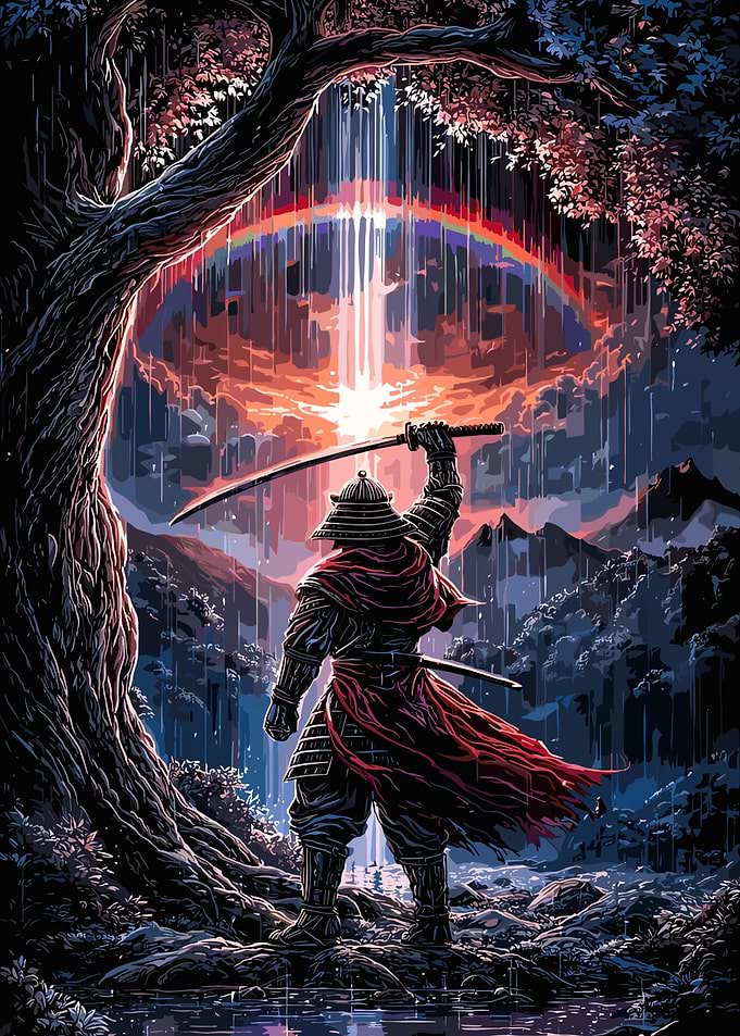 Samurai Under Rainbow Waterfall