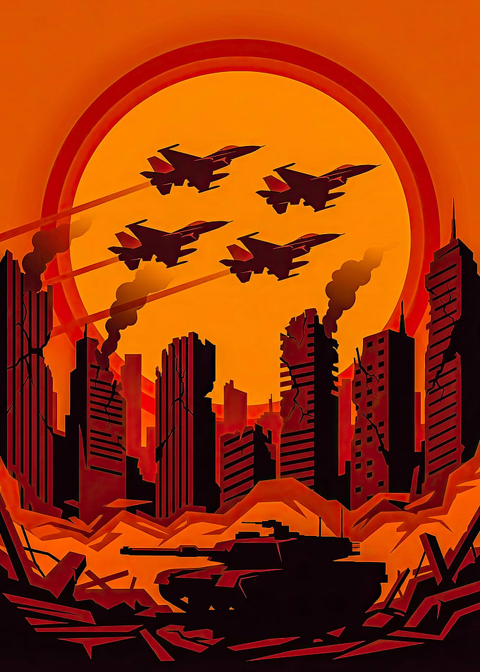 Fighter jets and tank silhouettes in destroyed city illustration