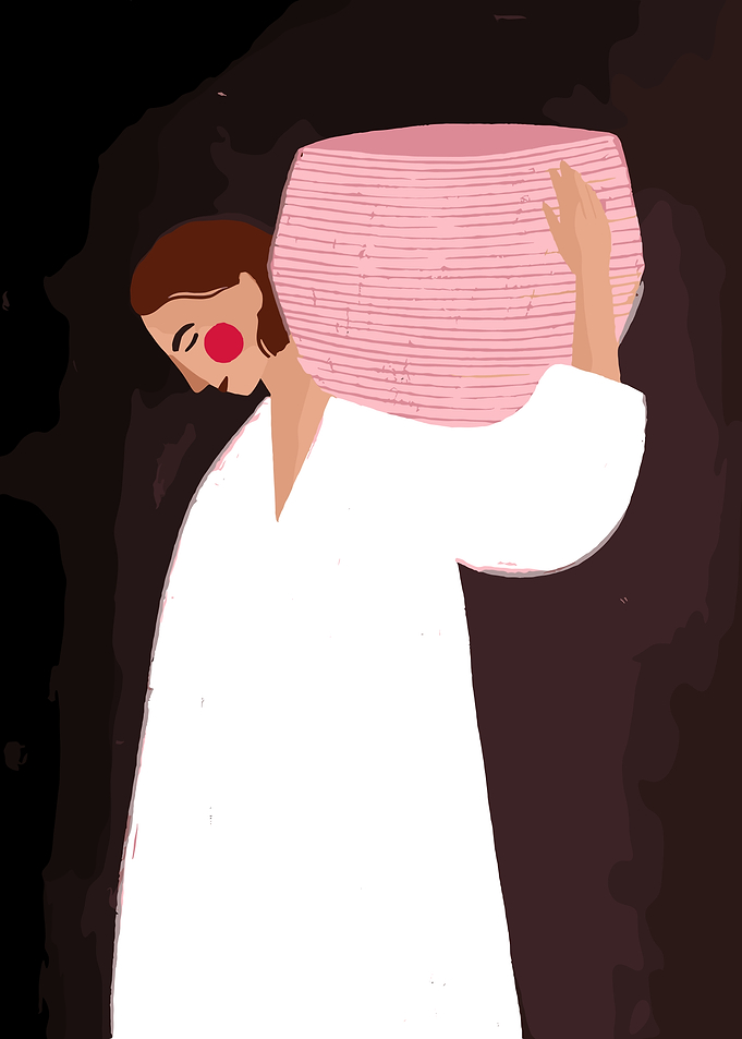 Woman carrying a large pink basket