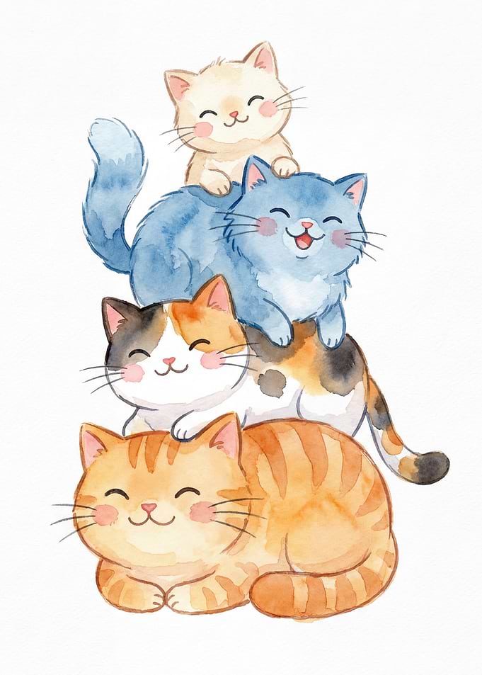 Stack of Cute Watercolor Cats