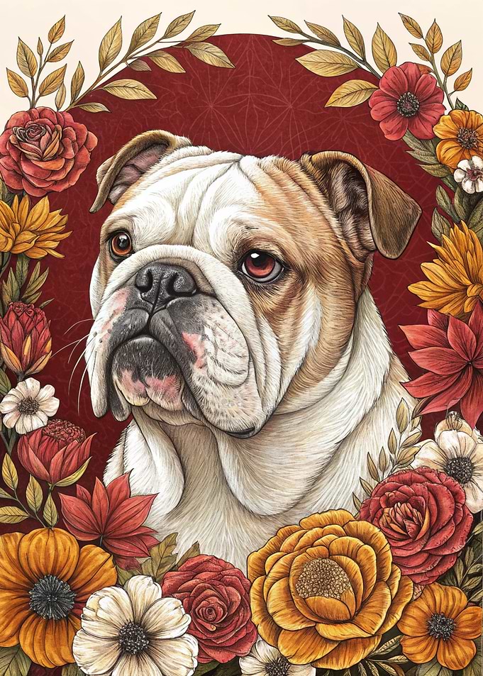 English Bulldog Portrait with Floral Wreath