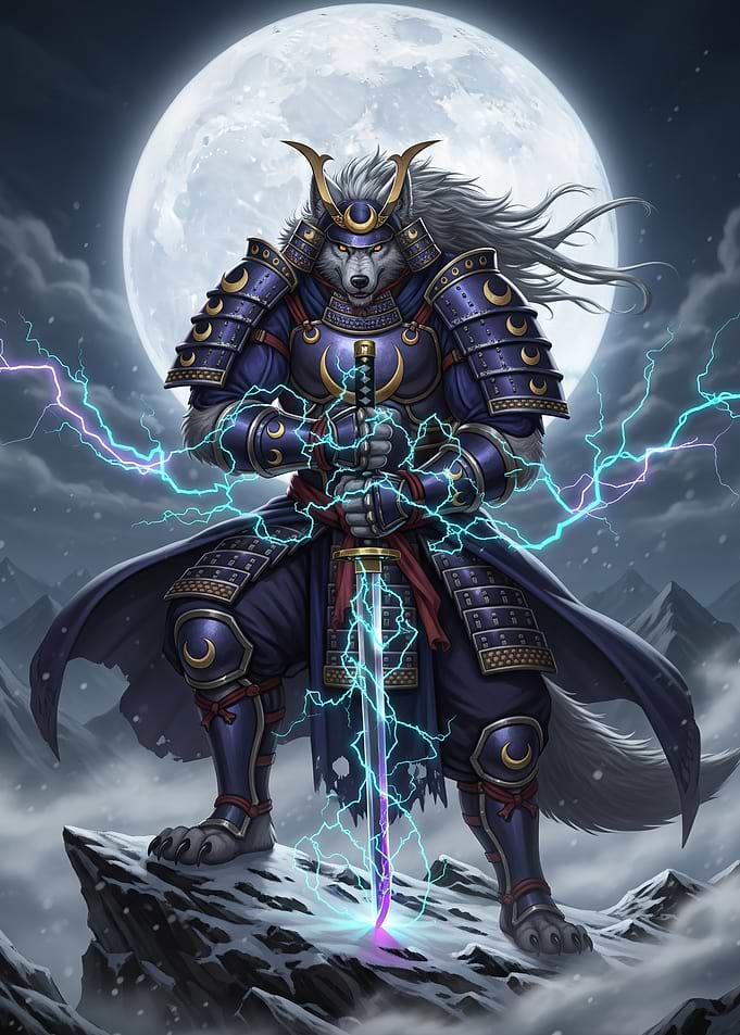 Wolf Samurai Warrior Under Full Moon