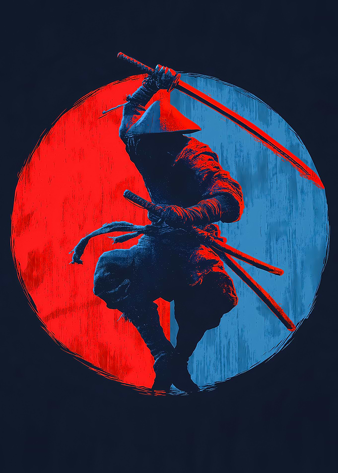 Ninja with Swords in Red and Blue Circle