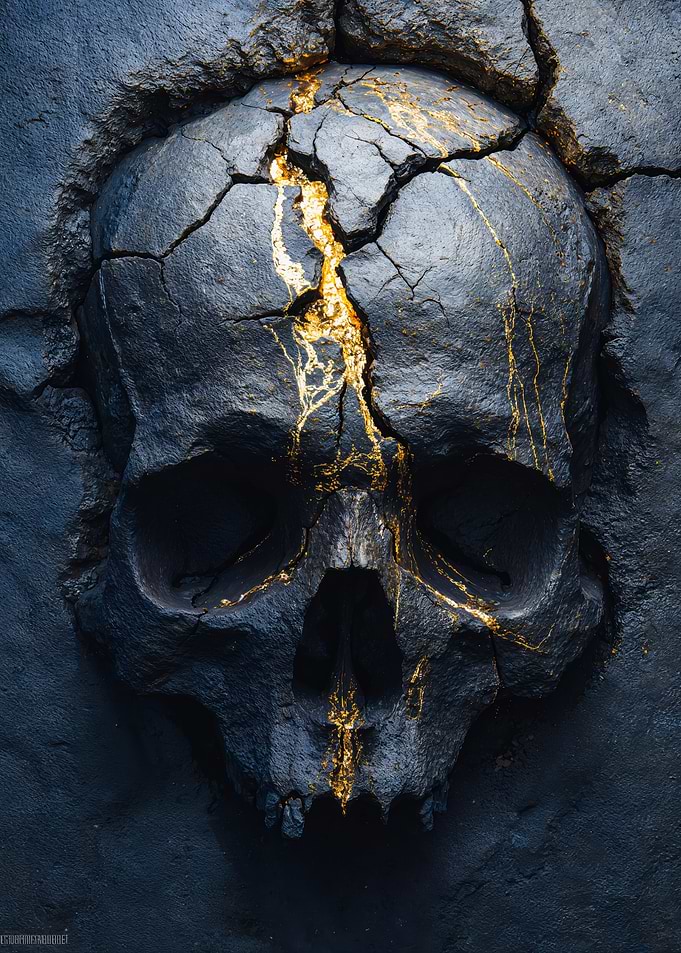 Golden Cracked Skull Stone Relief