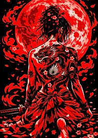 Samurai with Dragon Tattoo Under Red Moon