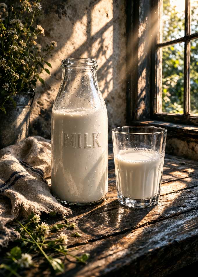 Milk Bottle and Glass by Window