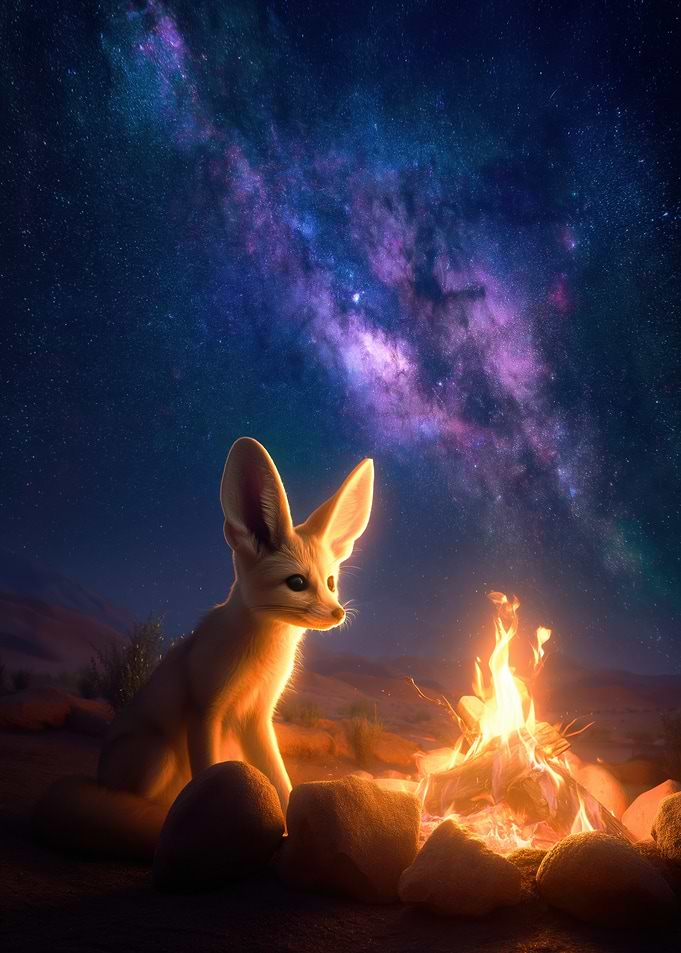 Fennec Fox by Campfire Under Stars