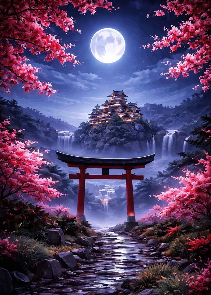 Enchanted Japanese Torii Gate at Night