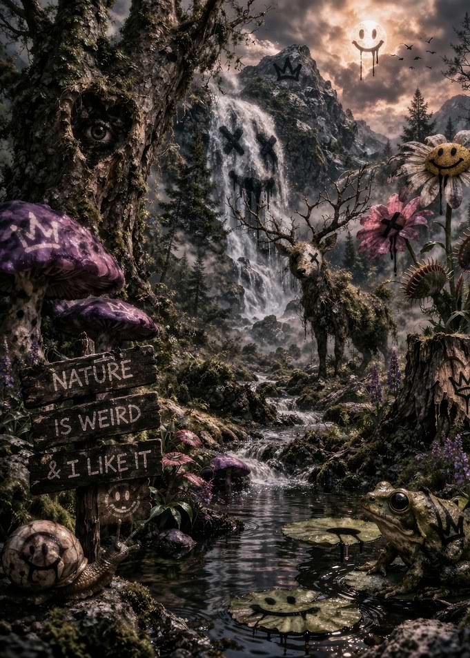 Surreal Forest Scene with Creepy Elements