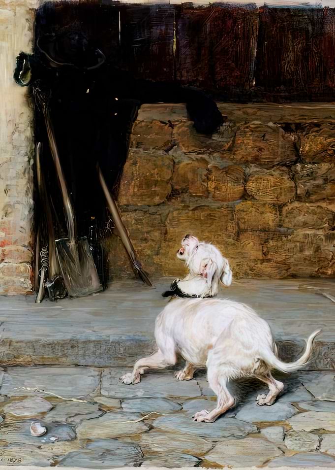 Dog barking at a shadowy figure, briton riviere art