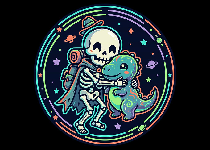 Skeleton Hugging a Dinosaur in Space