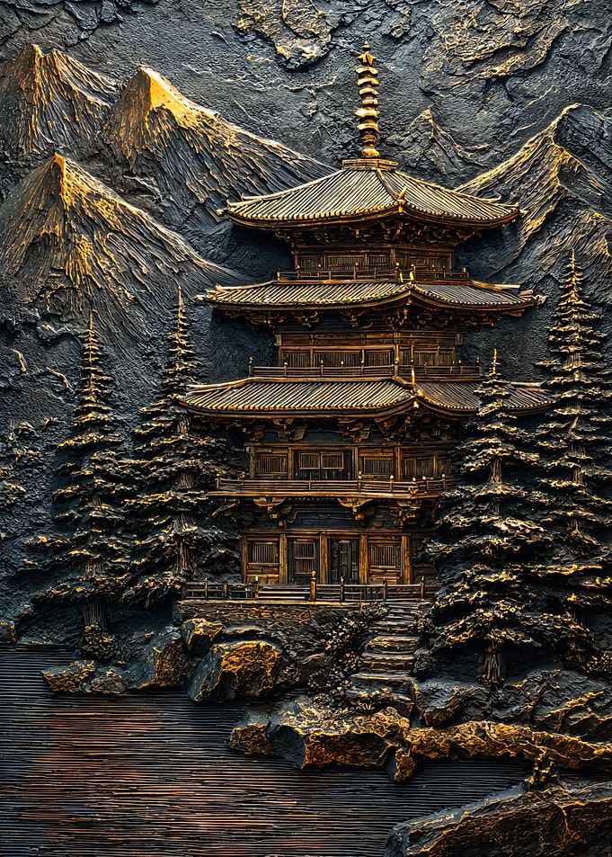 Golden Japanese Pagoda Stone Relief