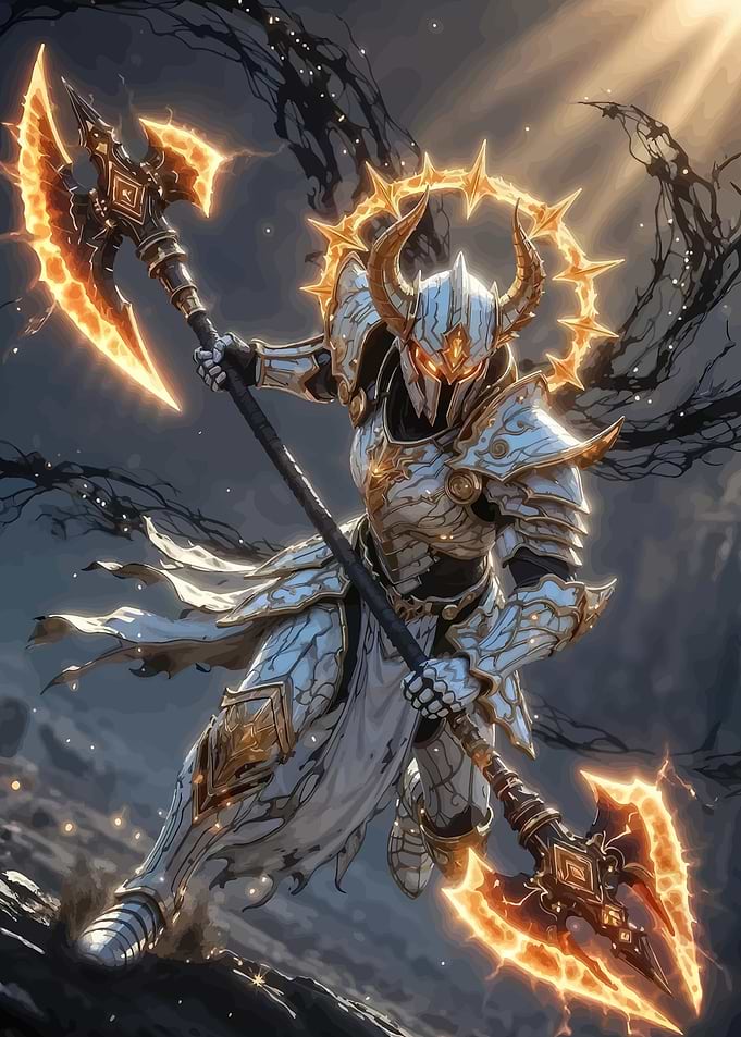 Warrior with glowing axe and halo