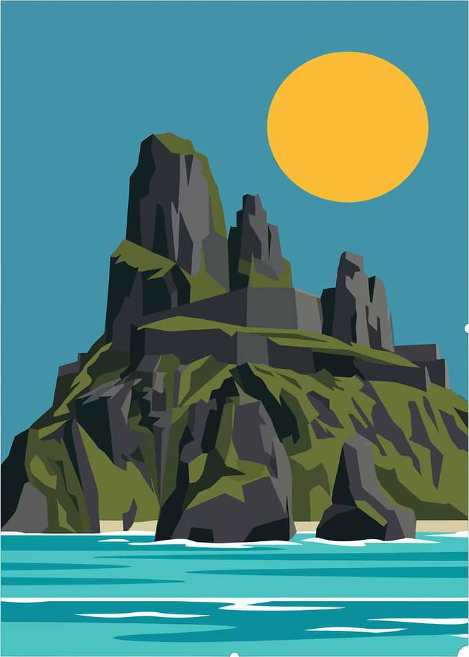 Island Mountain with Sun and Sea
