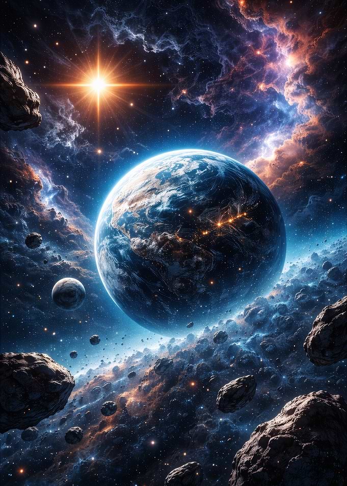 Earth in a Nebula with Asteroids