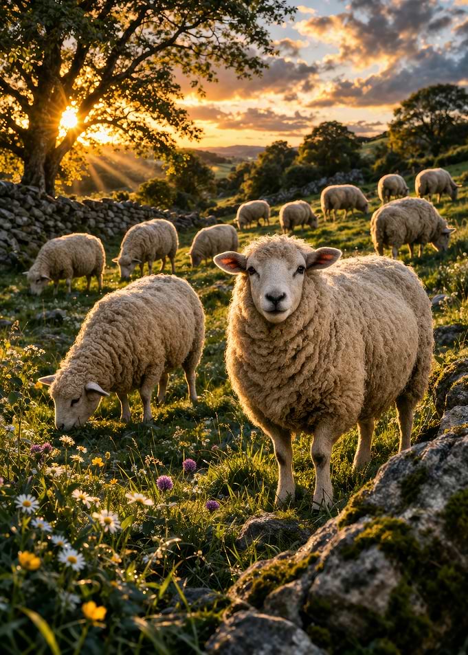 Sheep Grazing at Sunset