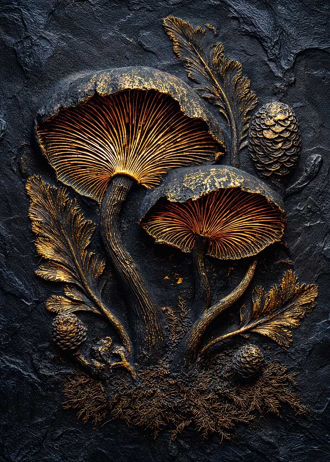 Golden Mushrooms Pine Cone Relief