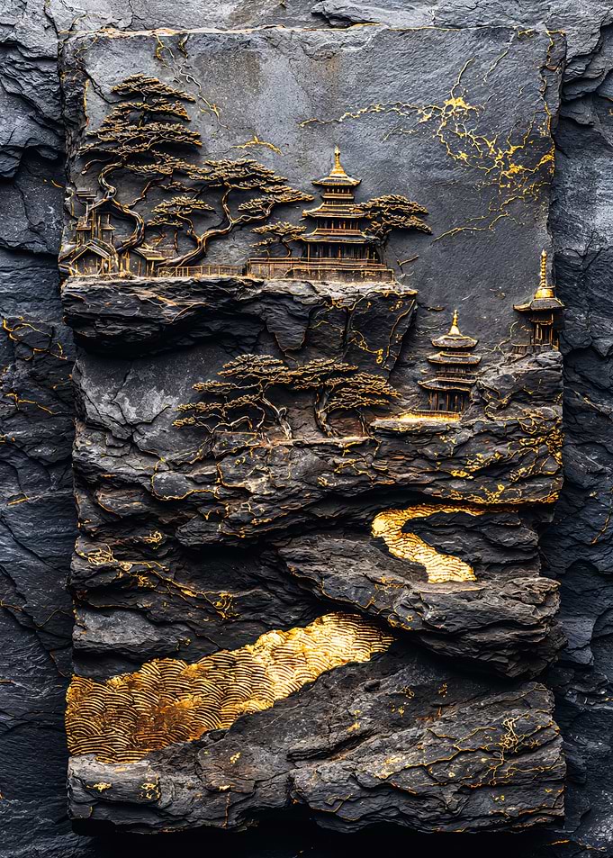 Golden Asian Landscape Stone Relief