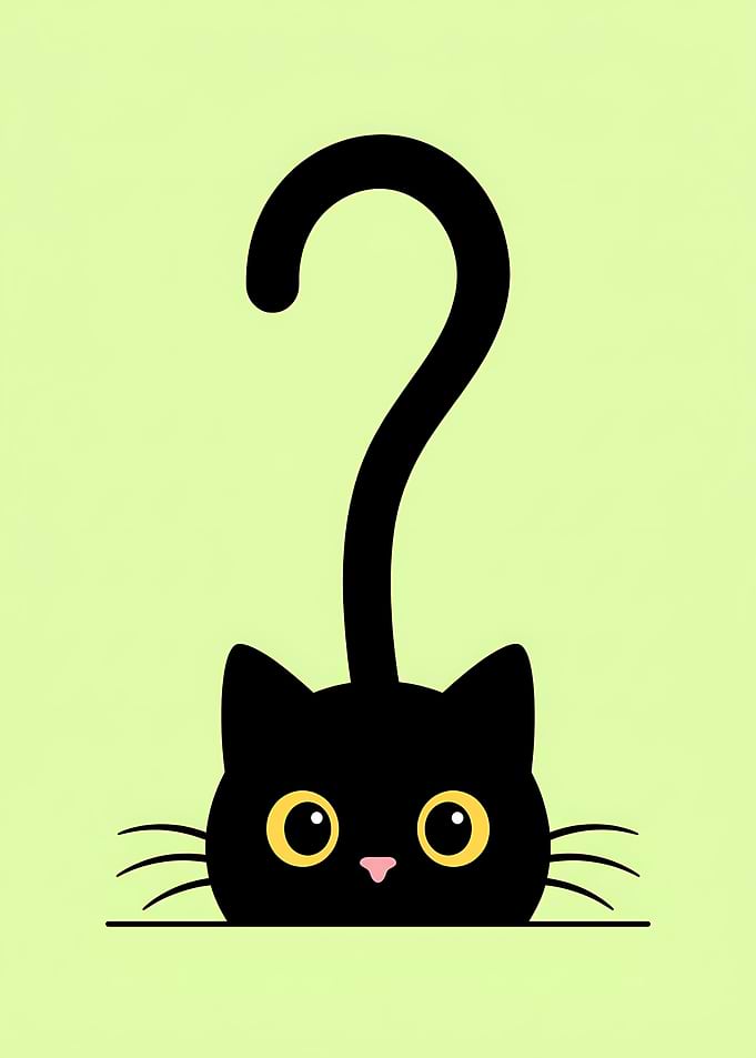 Curious Black Cat with Question Mark Tail