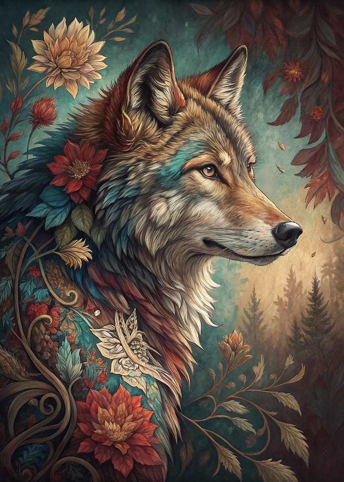 Wolf adorned with flowers and foliage