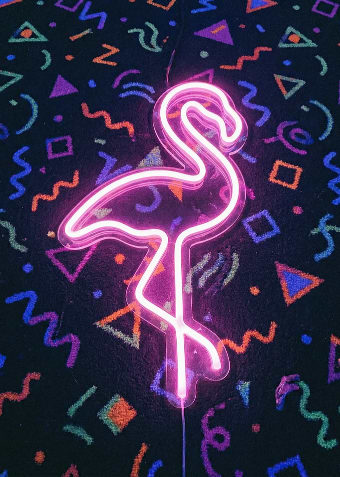 Pink Flamingo Neon Sign on Retro Carpet